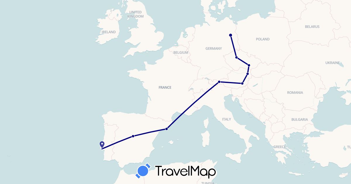 TravelMap itinerary: driving in Austria, Czech Republic, Germany, Spain, Portugal (Europe)